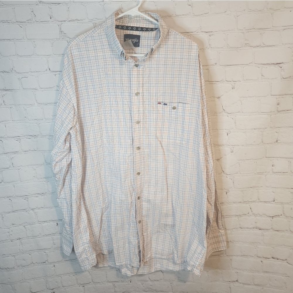 Men's Wrangler Blue and White Long-Sleeve Casual Button-Down Shirt, Size 2XLT